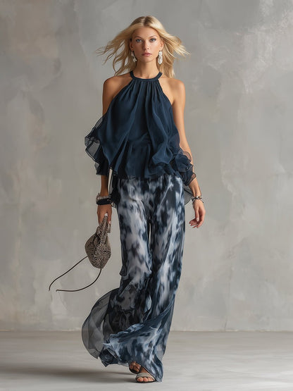 Women's Two-Piece Ruffled Halter Top and Wide-Leg Pants Set