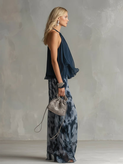 Women's Two-Piece Ruffled Halter Top and Wide-Leg Pants Set