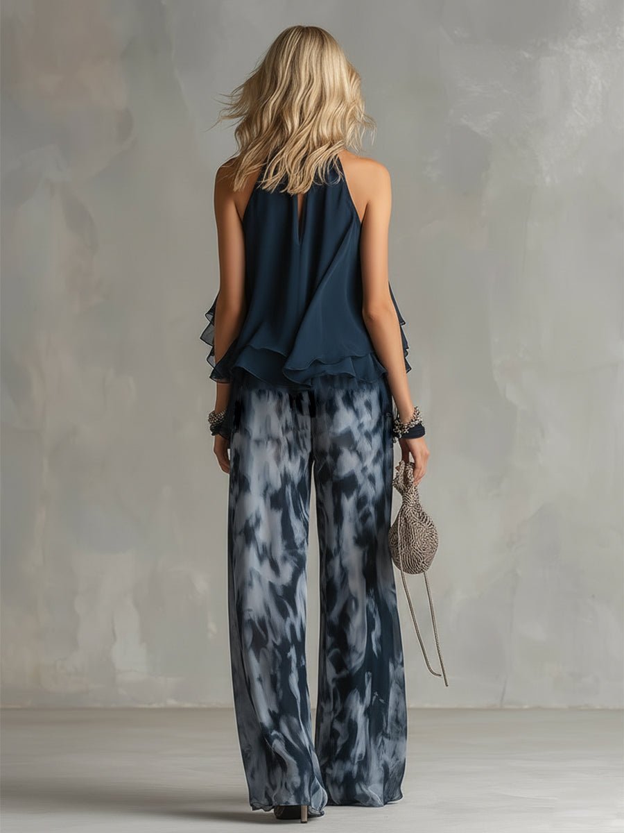 Women's Two-Piece Ruffled Halter Top and Wide-Leg Pants Set