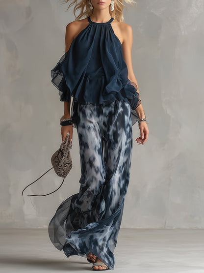 Women's Chiffon Halter Neck Wide-Leg Two-Piece Outfit