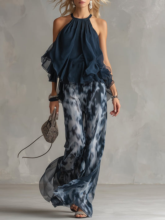 Women's Chiffon Halter Neck Wide-Leg Two-Piece Outfit