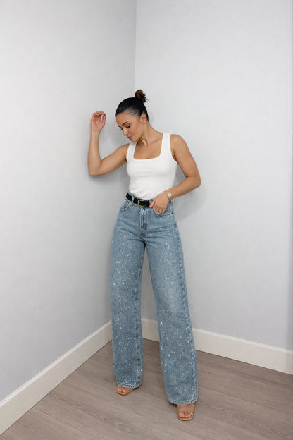 Women's High-Rise Straight-Leg Glitter Denim Jeans