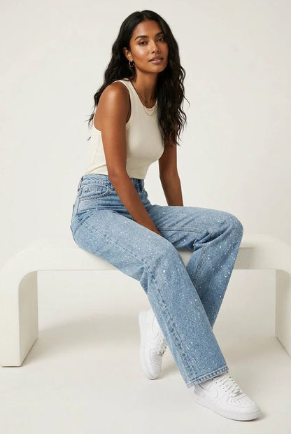 Women's High-Rise Straight-Leg Glitter Denim Jeans