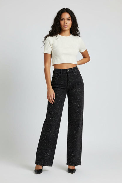 Women's High-Rise Straight-Leg Glitter Denim Jeans