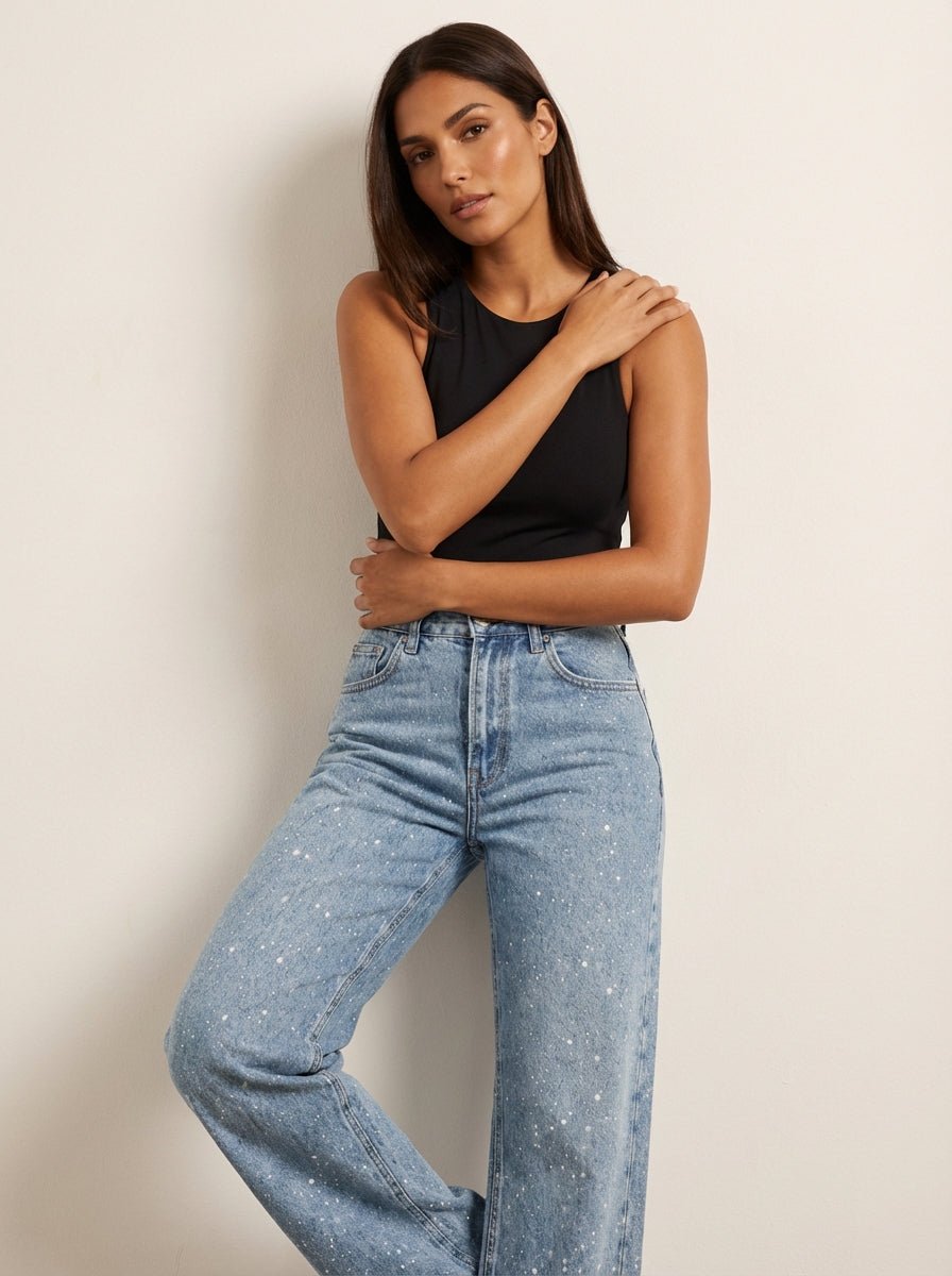 Women's High-Rise Straight-Leg Glitter Denim Jeans
