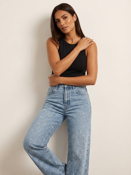 Women's High-Rise Straight-Leg Glitter Denim Jeans