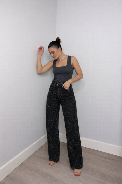Women's High-Rise Straight-Leg Glitter Denim Jeans
