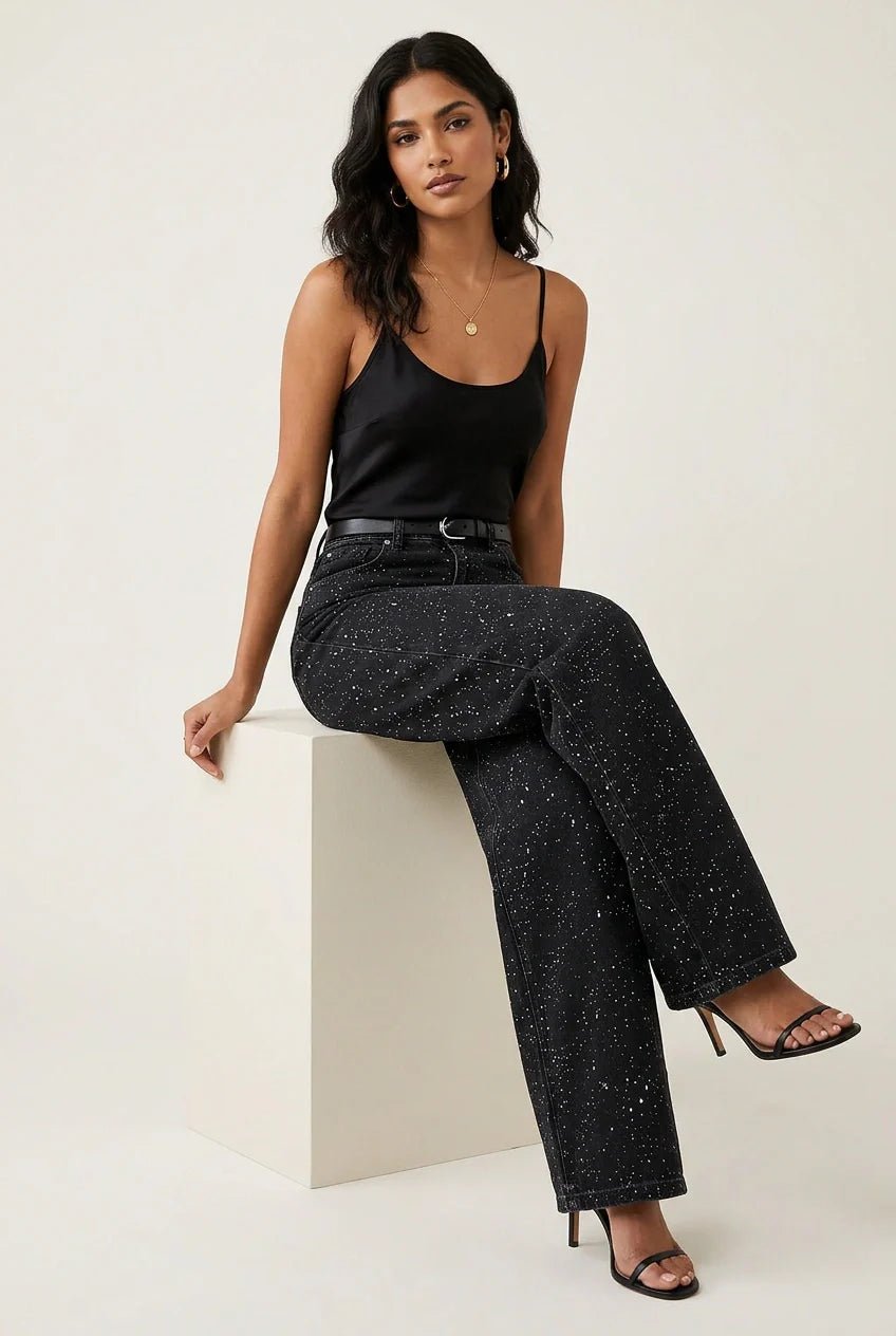 Women's High-Rise Straight-Leg Glitter Denim Jeans