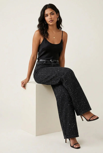 Women's High-Rise Straight-Leg Glitter Denim Jeans