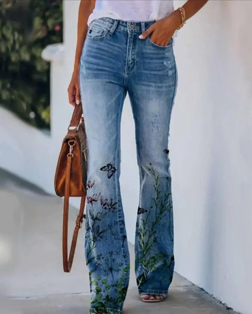 Women's High-Rise Floral Print Flared Denim Jeans