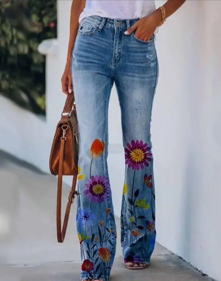 Women's High-Rise Floral Print Flared Denim Jeans