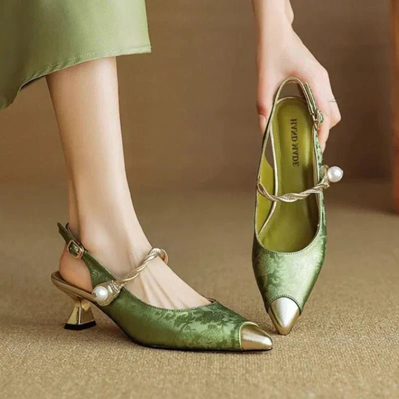 Women's Jacquard Kitten Heel Slingback Pumps with Twisted Pearl Detail