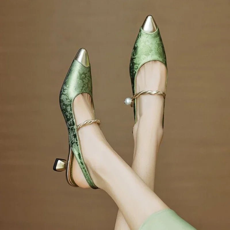 Women's Jacquard Kitten Heel Slingback Pumps with Twisted Pearl Detail