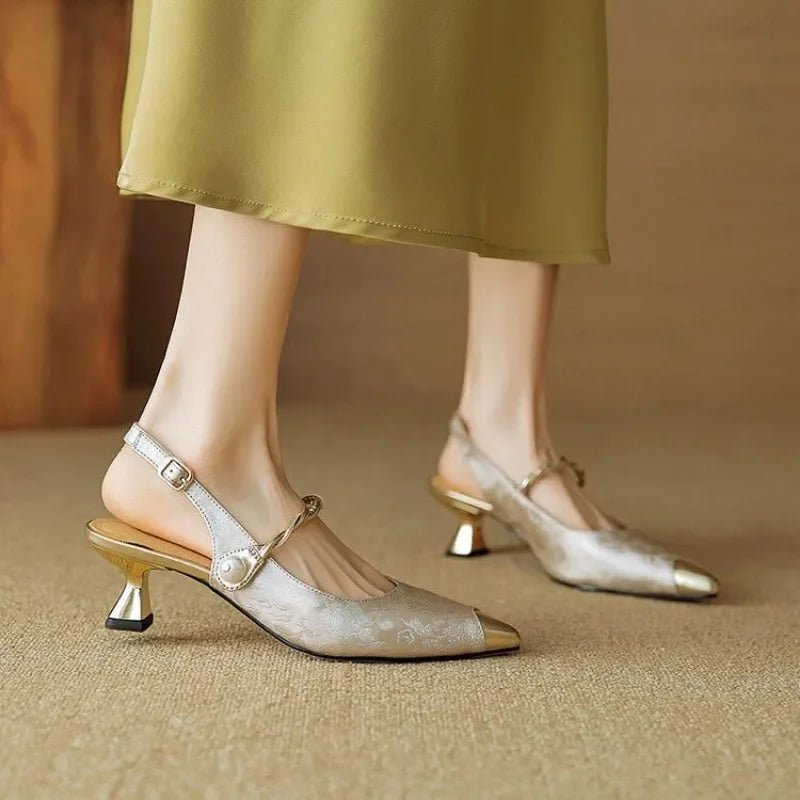 Women's Jacquard Kitten Heel Slingback Pumps with Twisted Pearl Detail