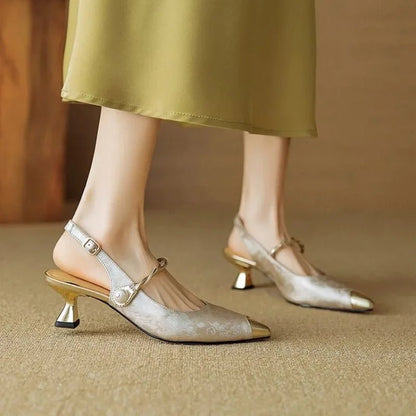 Women's Jacquard Kitten Heel Slingback Pumps with Twisted Pearl Detail