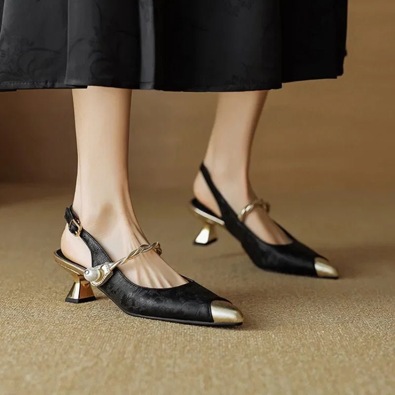 Women's Jacquard Kitten Heel Slingback Pumps with Twisted Pearl Detail