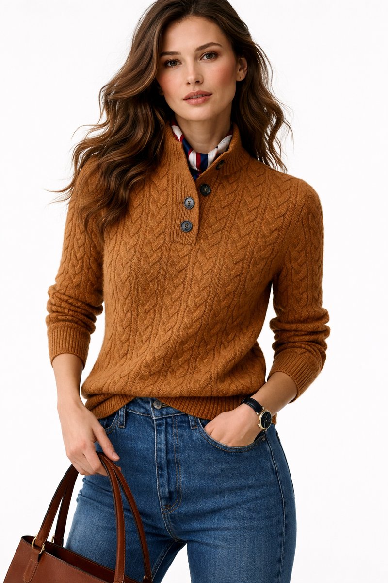 Women's Cable-Knit Wool-Blend Pullover with Button Stand Collar