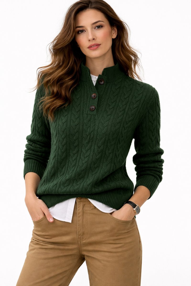 Women's Cable-Knit Wool-Blend Pullover with Button Stand Collar