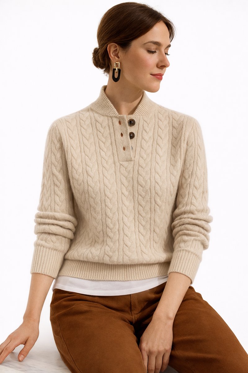 Women's Cable-Knit Wool-Blend Pullover with Button Stand Collar
