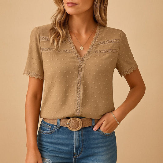 Women's Swiss Dot Short-Sleeve Blouse with Lace V-Neck