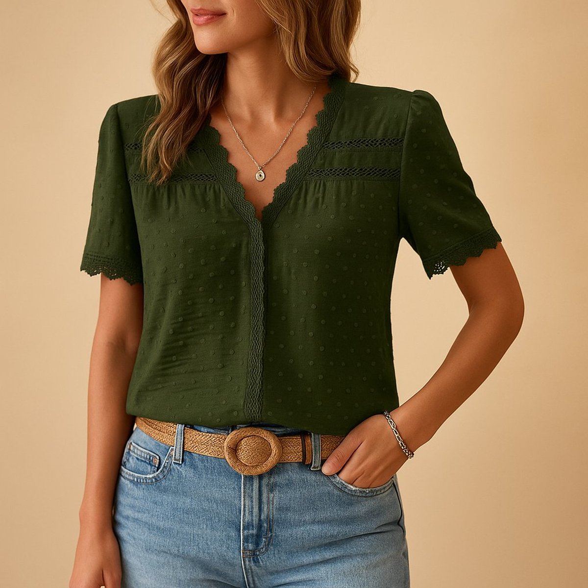 Women's Swiss Dot Short-Sleeve Blouse with Lace V-Neck