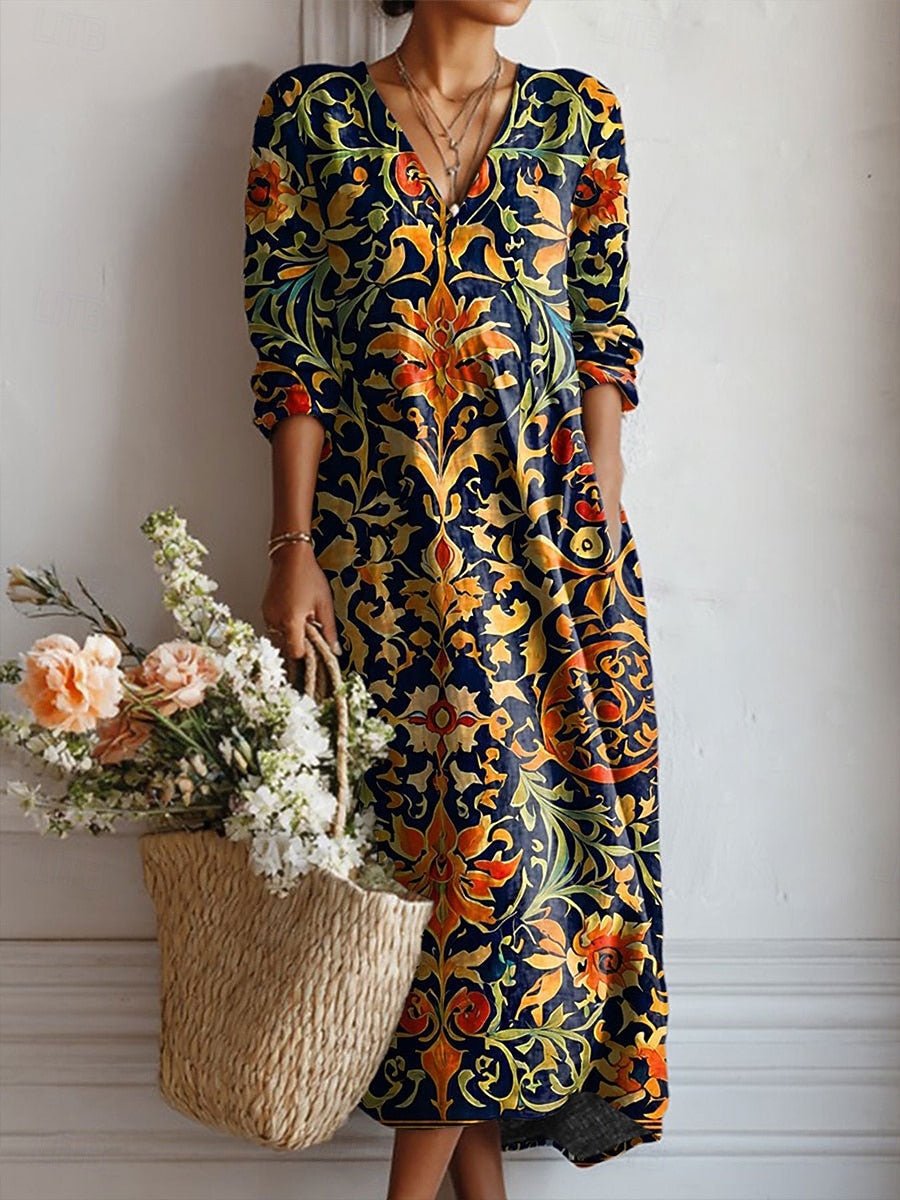 Women's Baroque Pattern V-Neck Cotton Midi Dress
