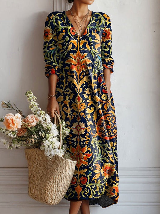 Women's Baroque Pattern V-Neck Cotton Midi Dress