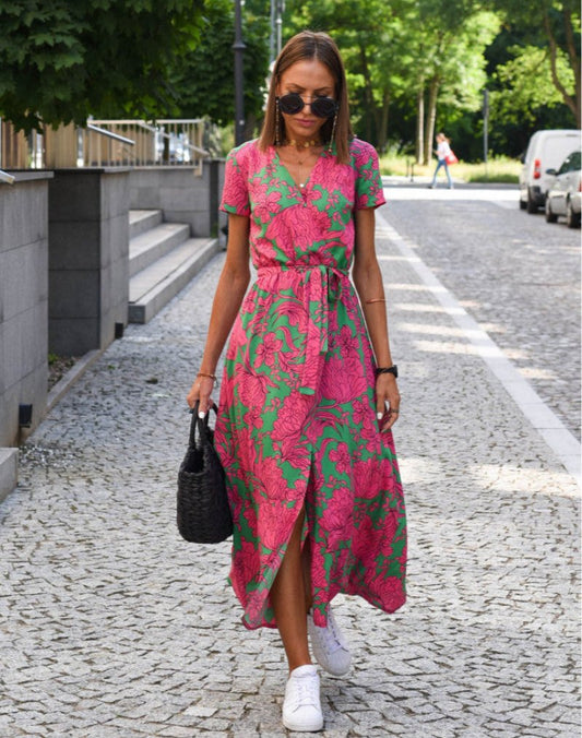 Women's V-Neck Cotton Floral Wrap Midi Dress with Waist Tie