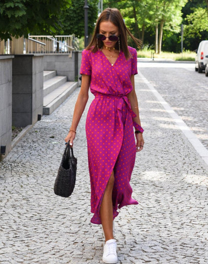 Women's V-Neck Cotton Floral Wrap Midi Dress with Waist Tie
