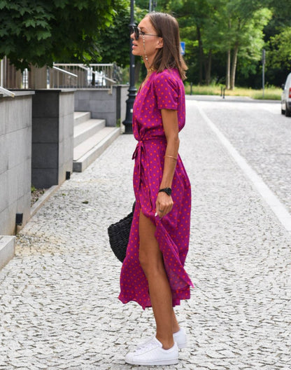 Women's V-Neck Cotton Floral Wrap Midi Dress with Waist Tie