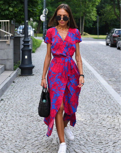 Women's V-Neck Cotton Floral Wrap Midi Dress with Waist Tie