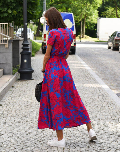Women's V-Neck Cotton Floral Wrap Midi Dress with Waist Tie