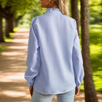 Women's Long-Sleeve Ruffled Cotton Button-Up Blouse