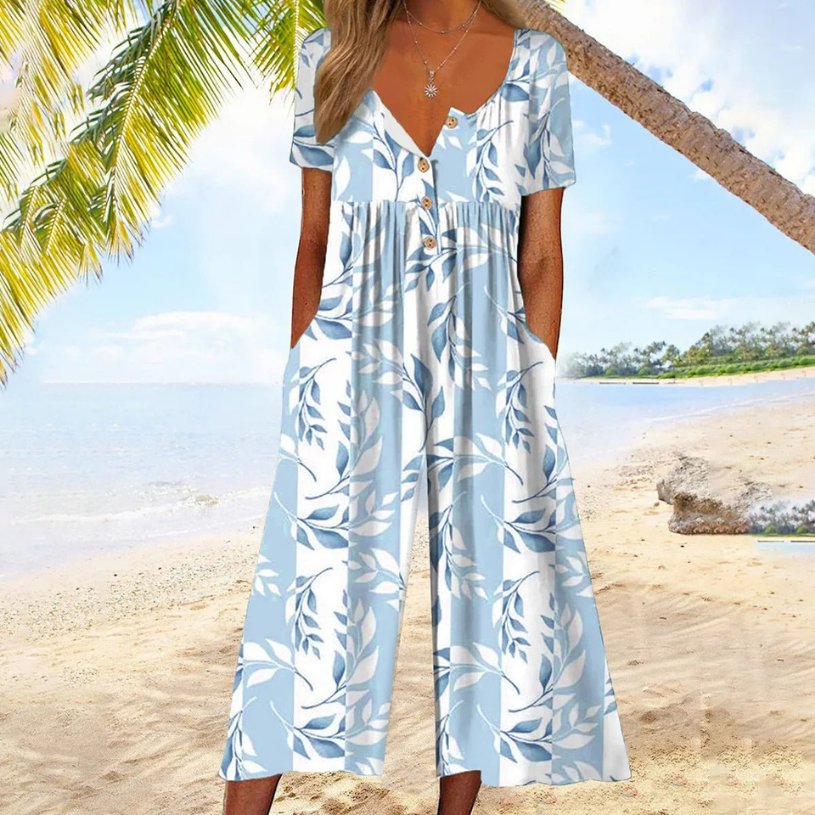 Women's Short-Sleeve V-Neck Cotton Culotte Jumpsuit with Buttons