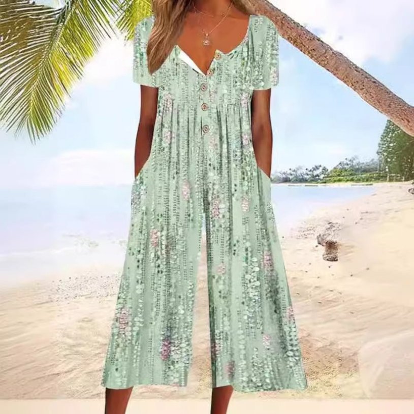 Women's Short-Sleeve V-Neck Cotton Culotte Jumpsuit with Buttons