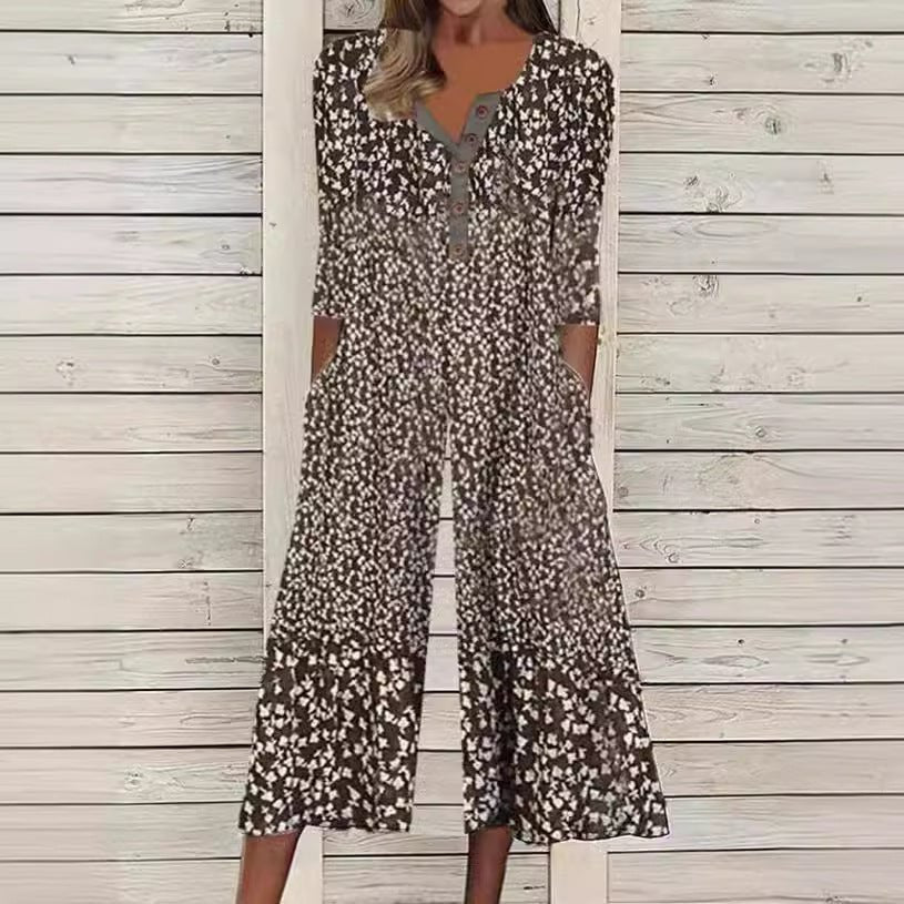 Women's Short-Sleeve V-Neck Cotton Culotte Jumpsuit with Buttons