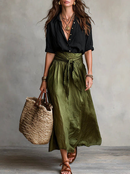 Women's Button-Front Top and High-Waisted Maxi Skirt Two-Piece Set
