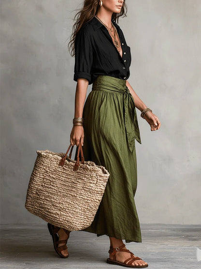 Women's Button-Front Top and High-Waisted Maxi Skirt Two-Piece Set