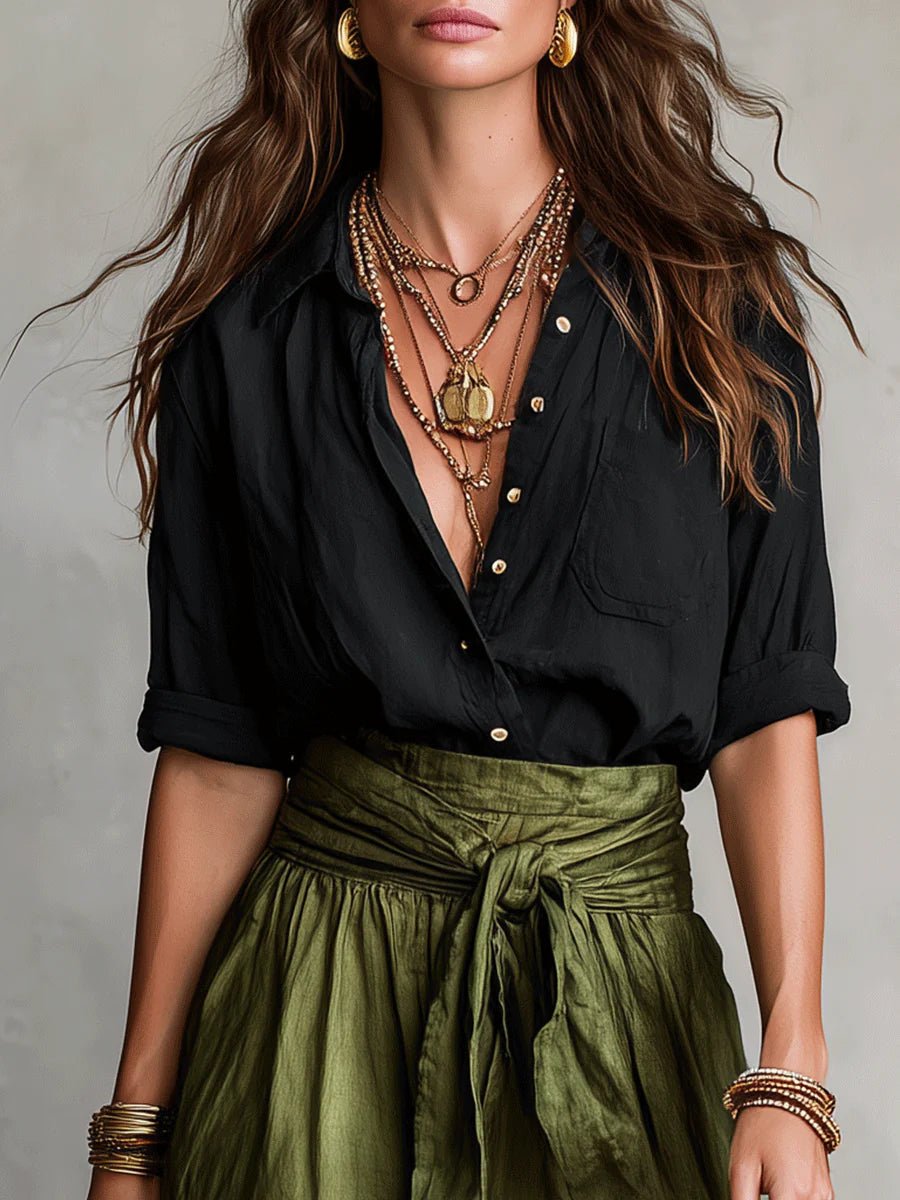 Women's Button-Front Top and High-Waisted Maxi Skirt Two-Piece Set