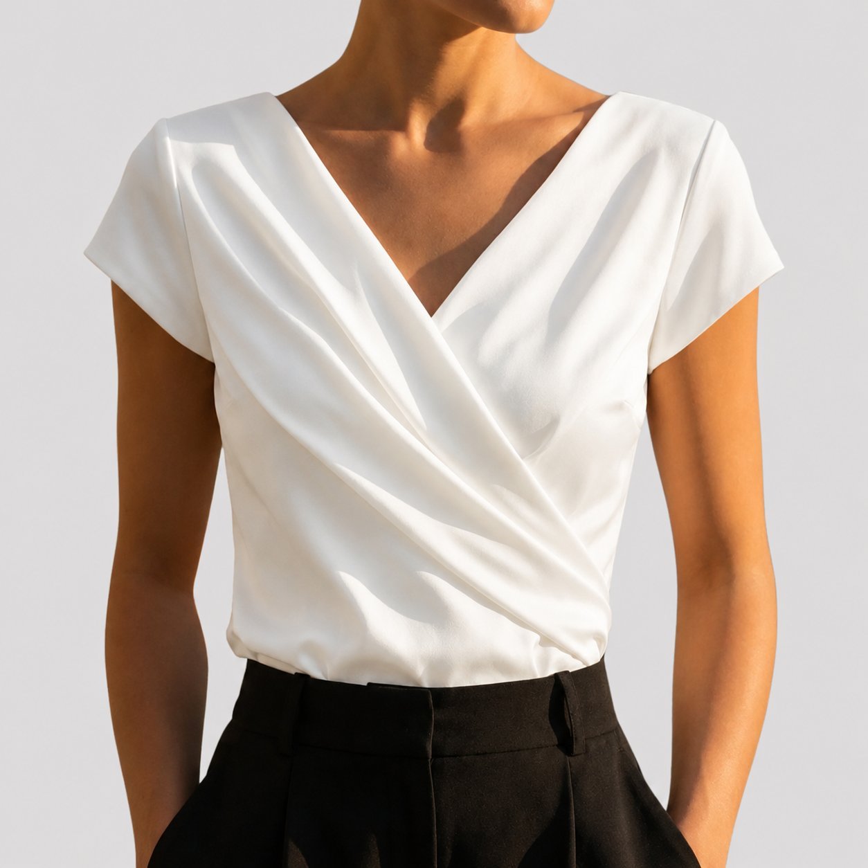 Women's Short-Sleeve Draped V-Neck Wrap Top