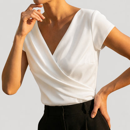 Women's Short-Sleeve Draped V-Neck Wrap Top