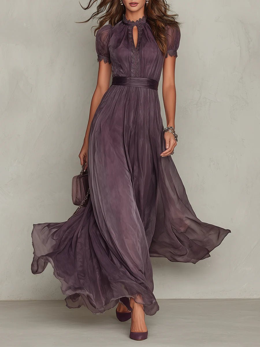 Women's Keyhole-Neck Short-Sleeve Chiffon and Lace Maxi Dress