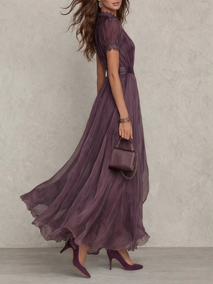 Women's Keyhole-Neck Short-Sleeve Chiffon and Lace Maxi Dress