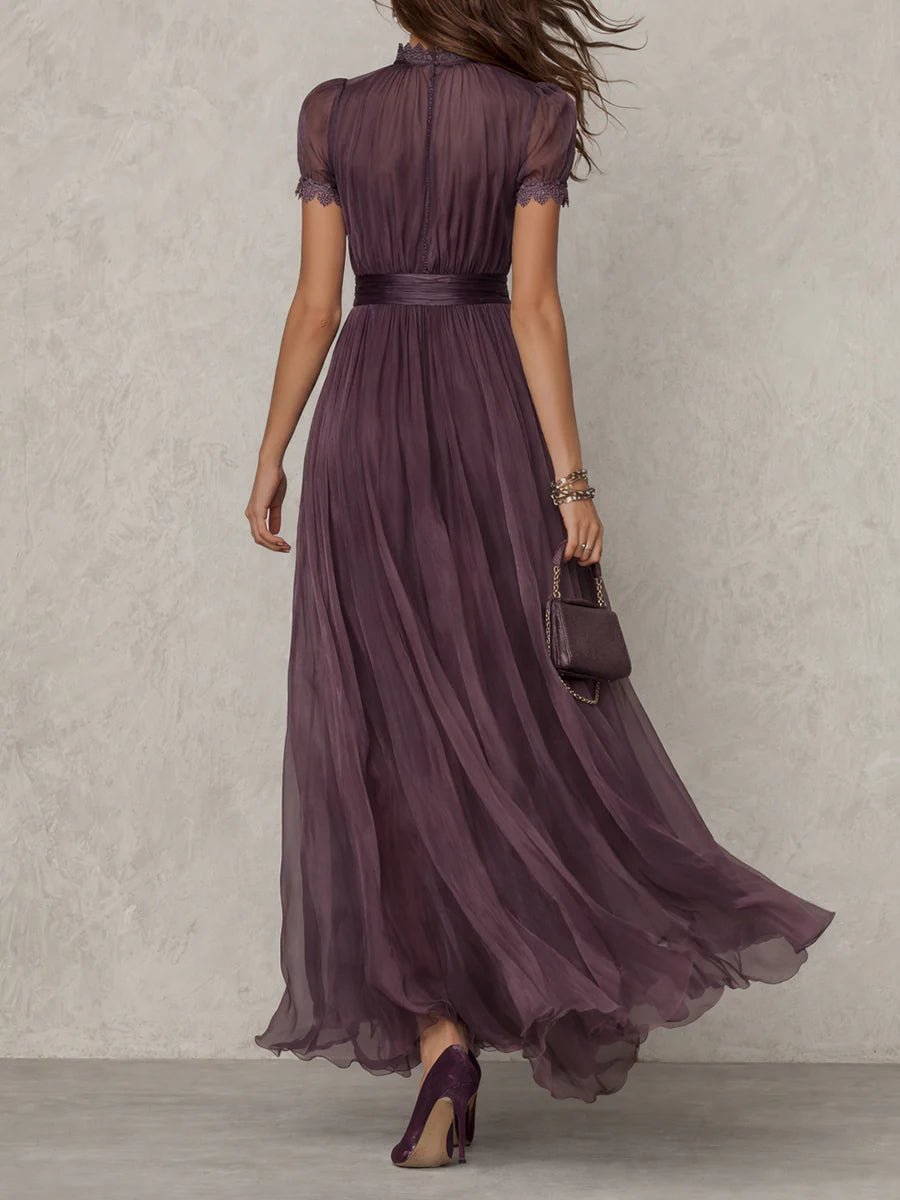 Women's Keyhole-Neck Short-Sleeve Chiffon and Lace Maxi Dress