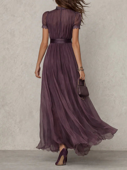 Women's Keyhole-Neck Short-Sleeve Chiffon and Lace Maxi Dress