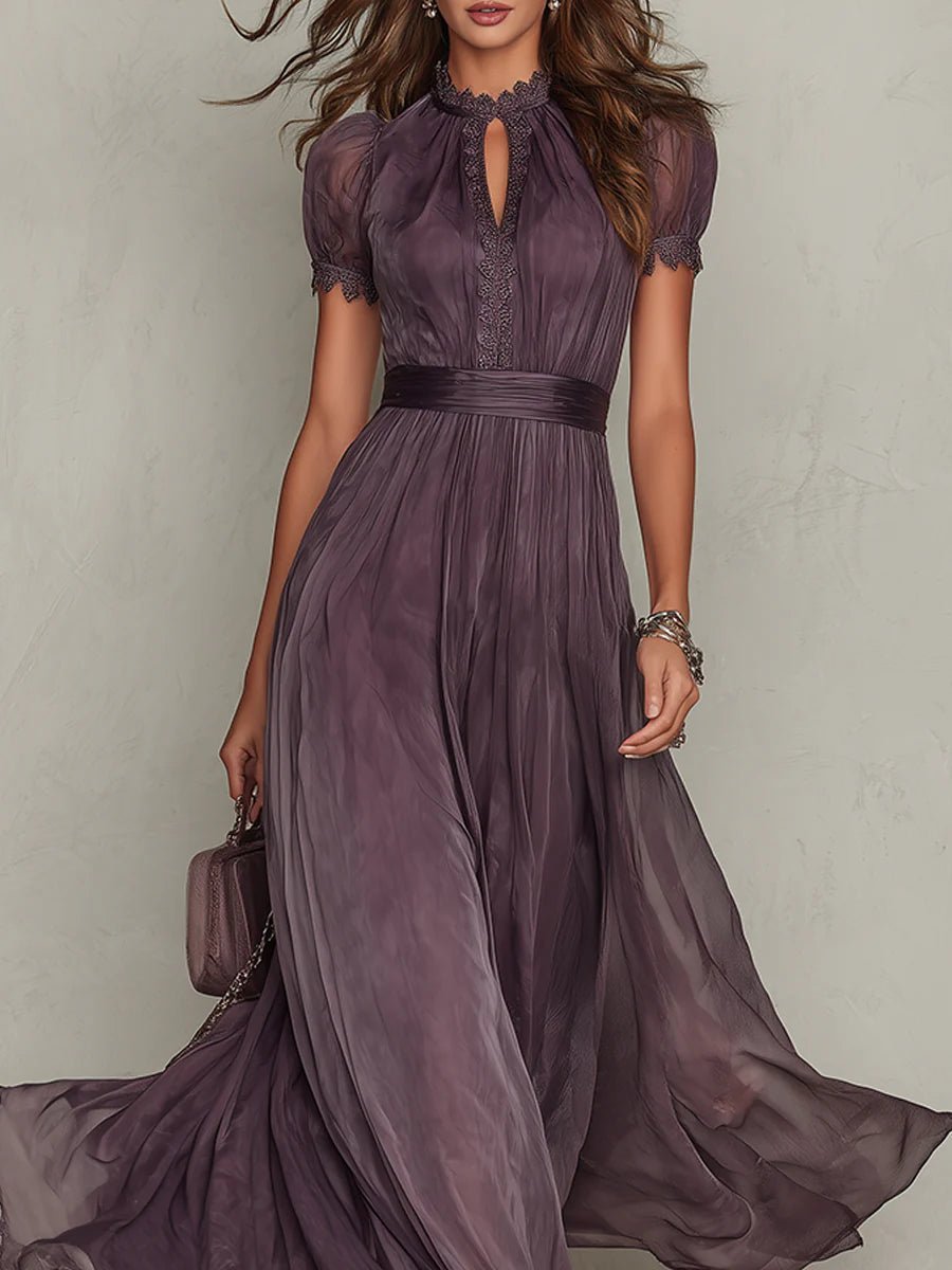 Women's Keyhole-Neck Short-Sleeve Chiffon and Lace Maxi Dress