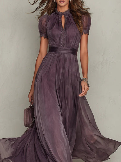 Women's Keyhole-Neck Short-Sleeve Chiffon and Lace Maxi Dress