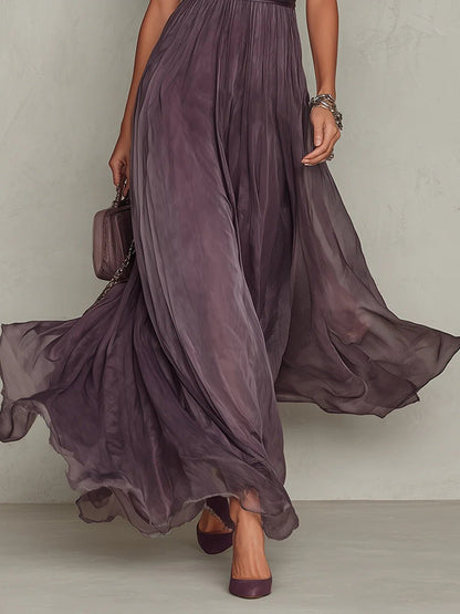 Women's Keyhole-Neck Short-Sleeve Chiffon and Lace Maxi Dress