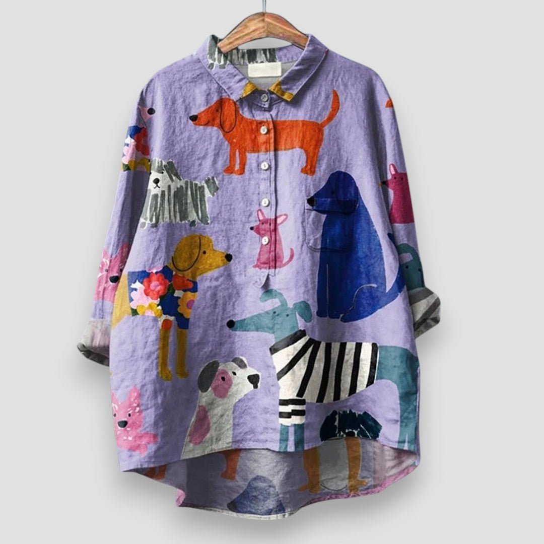 Women's Long-Sleeve Dog Pattern Button-Down Shirt