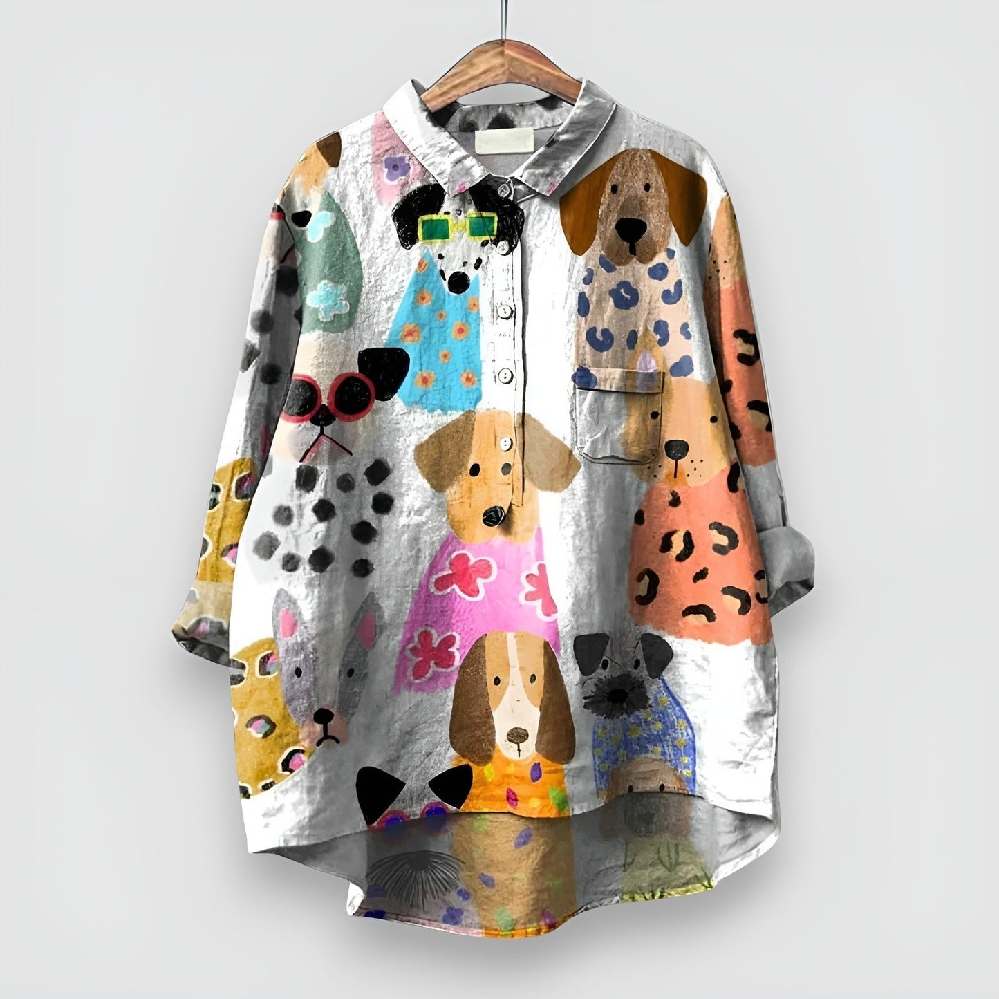 Women's Long-Sleeve Dog Pattern Button-Down Shirt